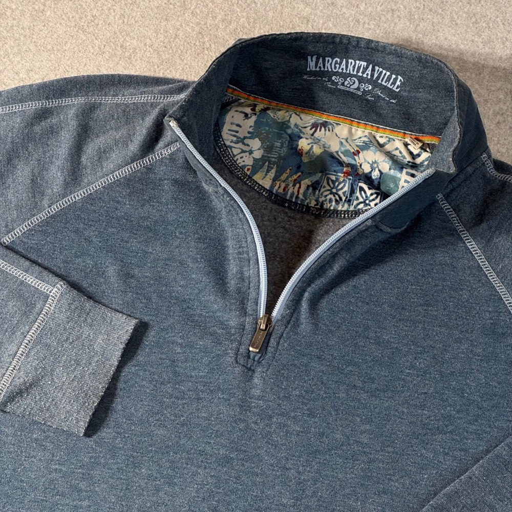 Margaritaville Mens Large Blue Heathered Quarter Zip Pullover Sweatshirt Pockets